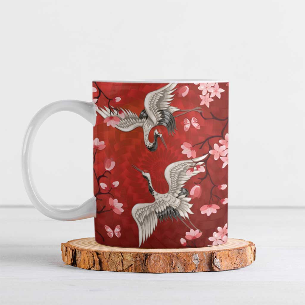 Hawaii Japan Cranes Sakura Flower Red Ceramic Mug Japan Heritage Spirit LT01 Red - Polynesian Pride