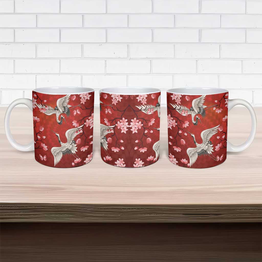 Hawaii Japan Cranes Sakura Flower Red Ceramic Mug Japan Heritage Spirit LT01 - Polynesian Pride
