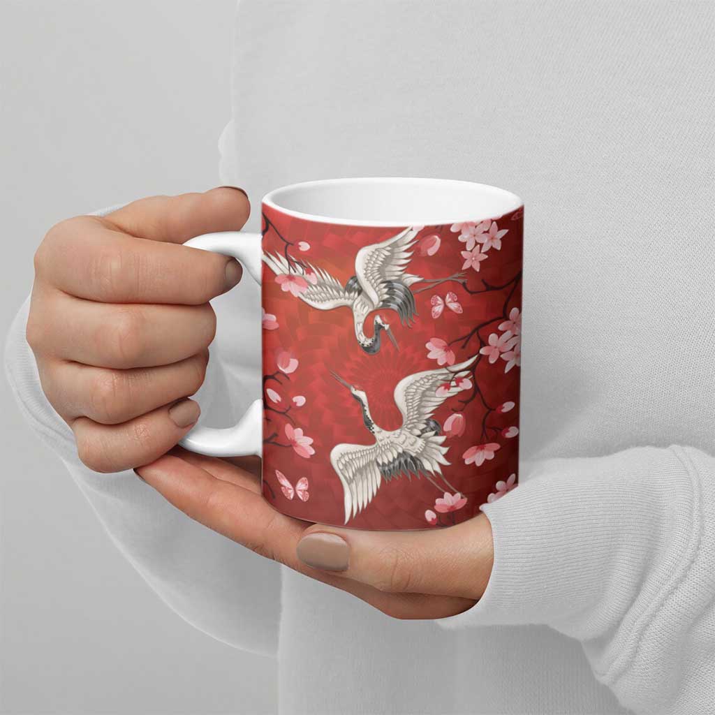 Hawaii Japan Cranes Sakura Flower Red Ceramic Mug Japan Heritage Spirit LT01 - Polynesian Pride