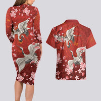 Hawaii Japan Cranes Sakura Flower Red Couples Matching Long Sleeve Bodycon Dress and Hawaiian Shirt Japan Heritage Spirit - Polynesian Pride