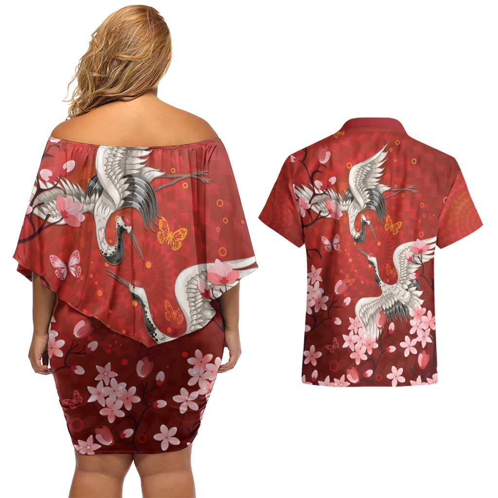 Hawaii Japan Cranes Sakura Flower Red Couples Matching Off Shoulder Short Dress and Hawaiian Shirt Japan Heritage Spirit - Polynesian Pride