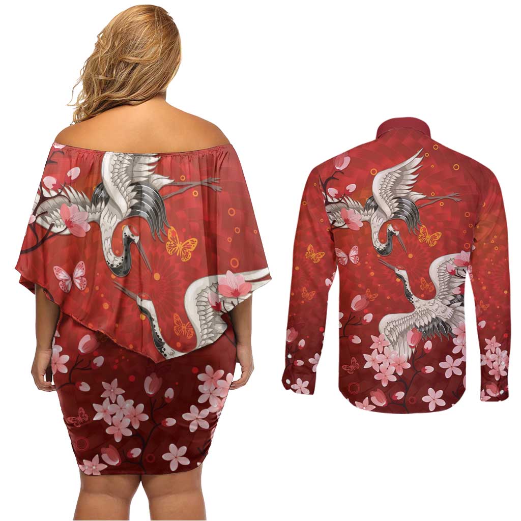 Hawaii Japan Cranes Sakura Flower Red Couples Matching Off Shoulder Short Dress and Long Sleeve Button Shirt Japan Heritage Spirit - Polynesian Pride
