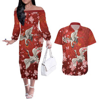 Hawaii Japan Cranes Sakura Flower Red Couples Matching Off The Shoulder Long Sleeve Dress and Hawaiian Shirt Japan Heritage Spirit - Polynesian Pride