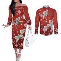 Hawaii Japan Cranes Sakura Flower Red Couples Matching Off The Shoulder Long Sleeve Dress and Long Sleeve Button Shirt Japan Heritage Spirit - Polynesian Pride