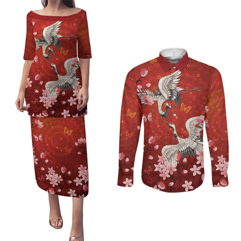 Hawaii Japan Cranes Sakura Flower Red Couples Matching Puletasi and Long Sleeve Button Shirt Japan Heritage Spirit LT01 Red - Polynesian Pride