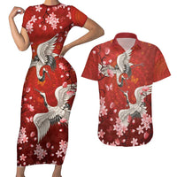 Hawaii Japan Cranes Sakura Flower Red Couples Matching Short Sleeve Bodycon Dress and Hawaiian Shirt Japan Heritage Spirit - Polynesian Pride