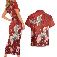 Hawaii Japan Cranes Sakura Flower Red Couples Matching Short Sleeve Bodycon Dress and Hawaiian Shirt Japan Heritage Spirit - Polynesian Pride