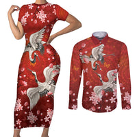 Hawaii Japan Cranes Sakura Flower Red Couples Matching Short Sleeve Bodycon Dress and Long Sleeve Button Shirt Japan Heritage Spirit - Polynesian Pride