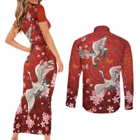 Hawaii Japan Cranes Sakura Flower Red Couples Matching Short Sleeve Bodycon Dress and Long Sleeve Button Shirt Japan Heritage Spirit - Polynesian Pride