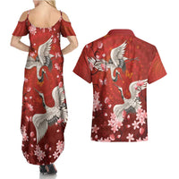 Hawaii Japan Cranes Sakura Flower Red Couples Matching Summer Maxi Dress and Hawaiian Shirt Japan Heritage Spirit - Polynesian Pride