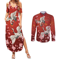 Hawaii Japan Cranes Sakura Flower Red Couples Matching Summer Maxi Dress and Long Sleeve Button Shirt Japan Heritage Spirit - Polynesian Pride