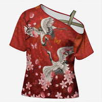 Hawaii Japan Cranes Sakura Flower Red Cross Shoulder Shirt Japan Heritage Spirit LT01 Female Red - Polynesian Pride