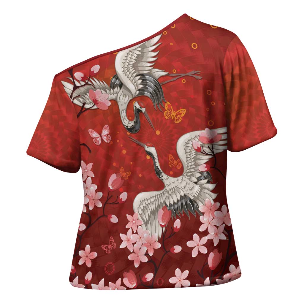Hawaii Japan Cranes Sakura Flower Red Cross Shoulder Shirt Japan Heritage Spirit LT01 - Polynesian Pride
