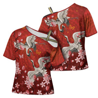 Hawaii Japan Cranes Sakura Flower Red Cross Shoulder Shirt Japan Heritage Spirit LT01 - Polynesian Pride