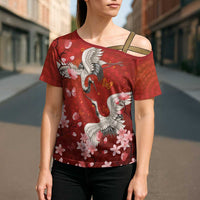 Hawaii Japan Cranes Sakura Flower Red Cross Shoulder Shirt Japan Heritage Spirit LT01 - Polynesian Pride