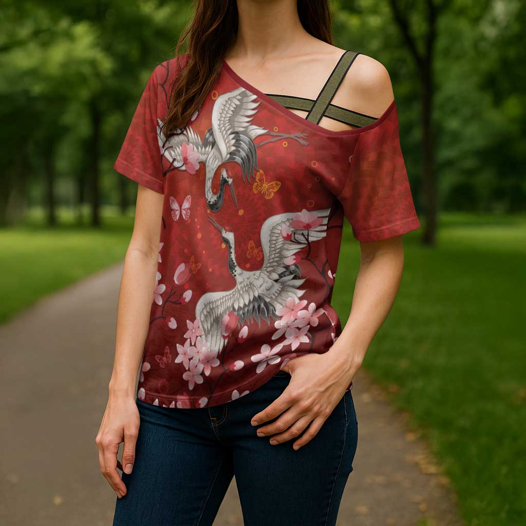 Hawaii Japan Cranes Sakura Flower Red Cross Shoulder Shirt Japan Heritage Spirit LT01 - Polynesian Pride