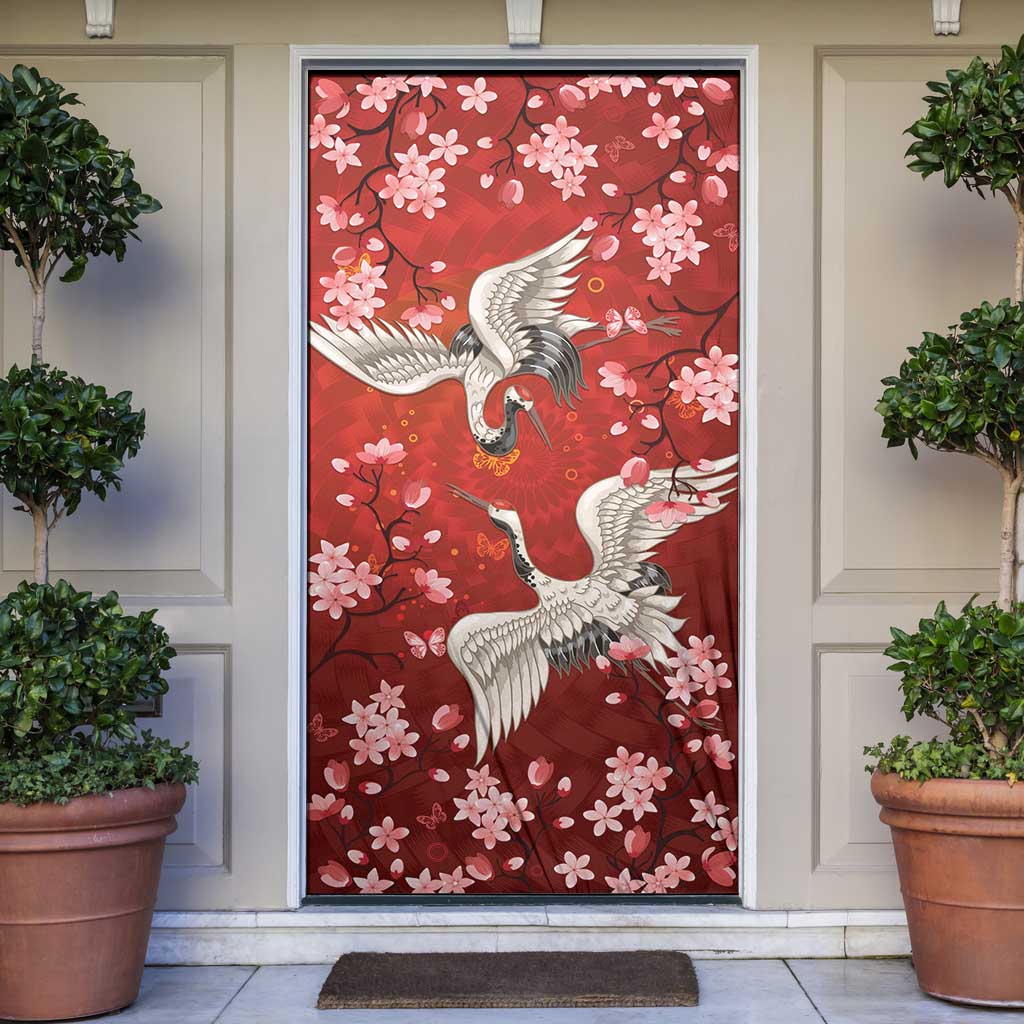 Hawaii Japan Cranes Sakura Flower Red Door Cover Japan Heritage Spirit LT01 Red - Polynesian Pride