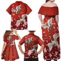 Hawaii Japan Cranes Sakura Flower Red Family Matching Off Shoulder Maxi Dress and Hawaiian Shirt Japan Heritage Spirit - Polynesian Pride