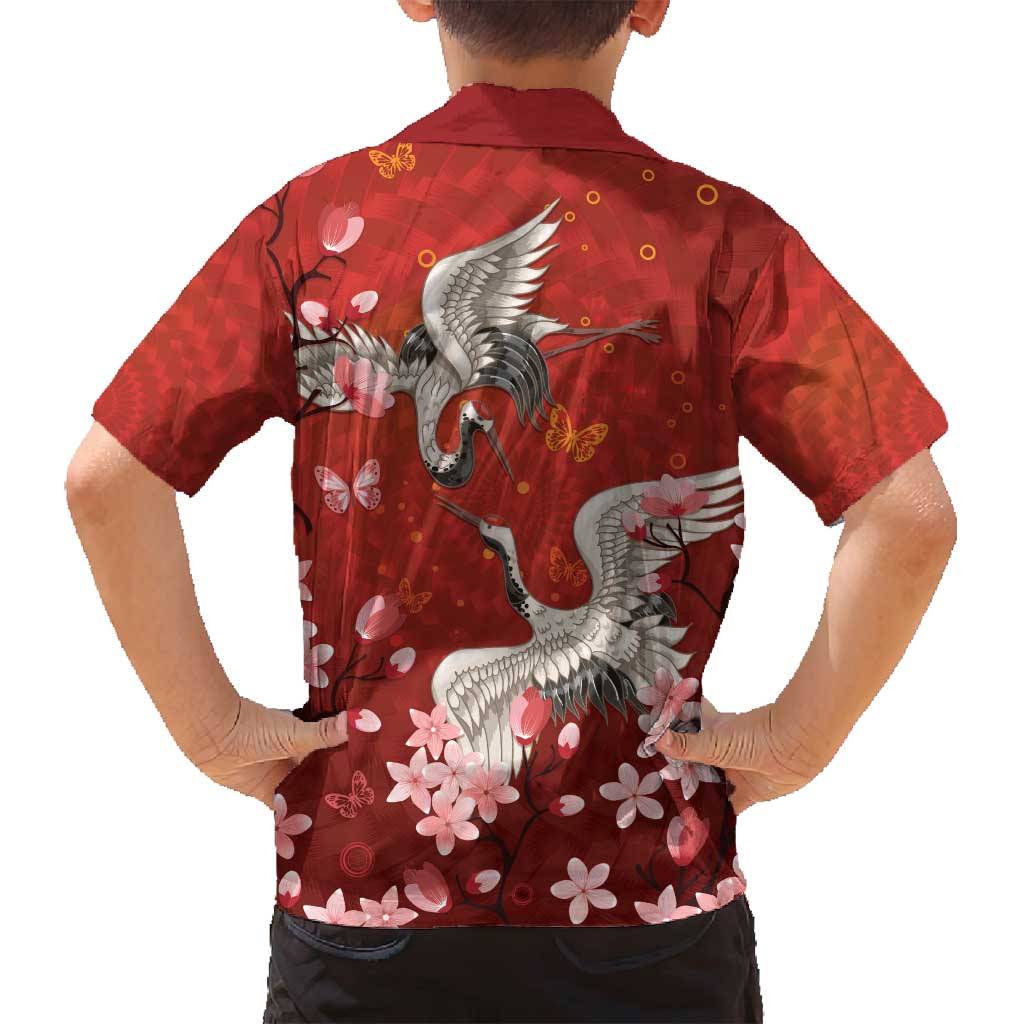 Hawaii Japan Cranes Sakura Flower Red Family Matching Off Shoulder Short Dress and Hawaiian Shirt Japan Heritage Spirit - Polynesian Pride