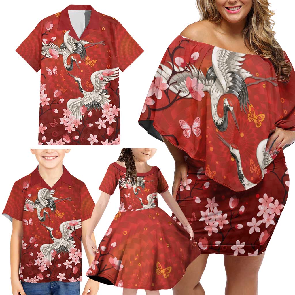 Hawaii Japan Cranes Sakura Flower Red Family Matching Off Shoulder Short Dress and Hawaiian Shirt Japan Heritage Spirit - Polynesian Pride