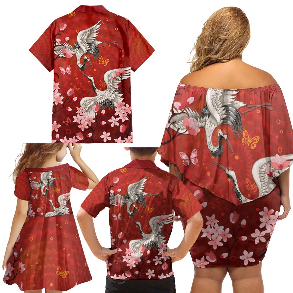 Hawaii Japan Cranes Sakura Flower Red Family Matching Off Shoulder Short Dress and Hawaiian Shirt Japan Heritage Spirit - Polynesian Pride