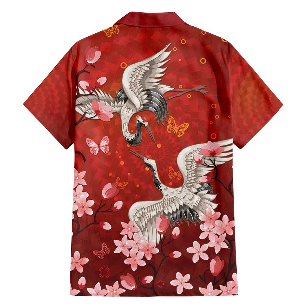 Hawaii Japan Cranes Sakura Flower Red Family Matching Off Shoulder Short Dress and Hawaiian Shirt Japan Heritage Spirit - Polynesian Pride