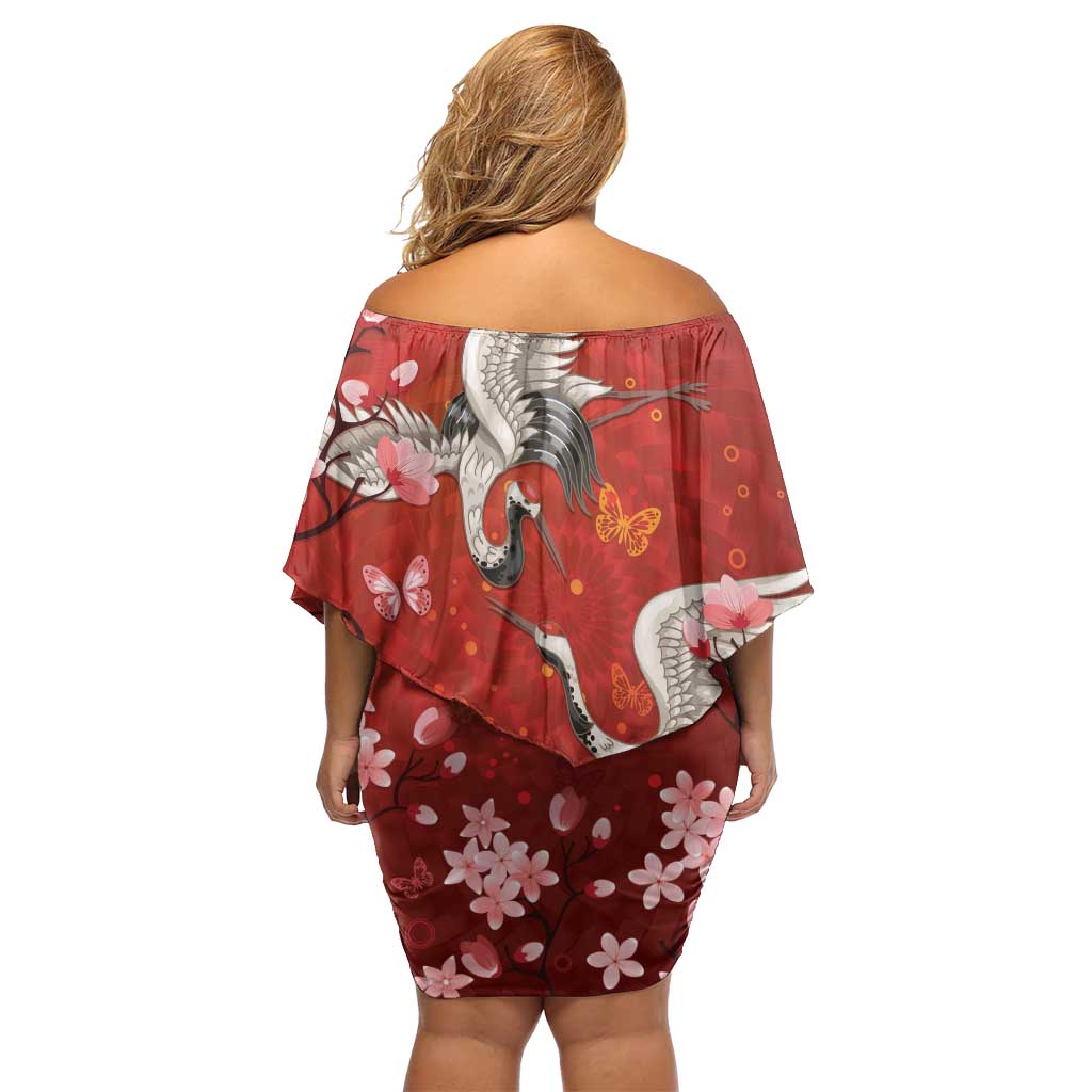 Hawaii Japan Cranes Sakura Flower Red Family Matching Off Shoulder Short Dress and Hawaiian Shirt Japan Heritage Spirit - Polynesian Pride