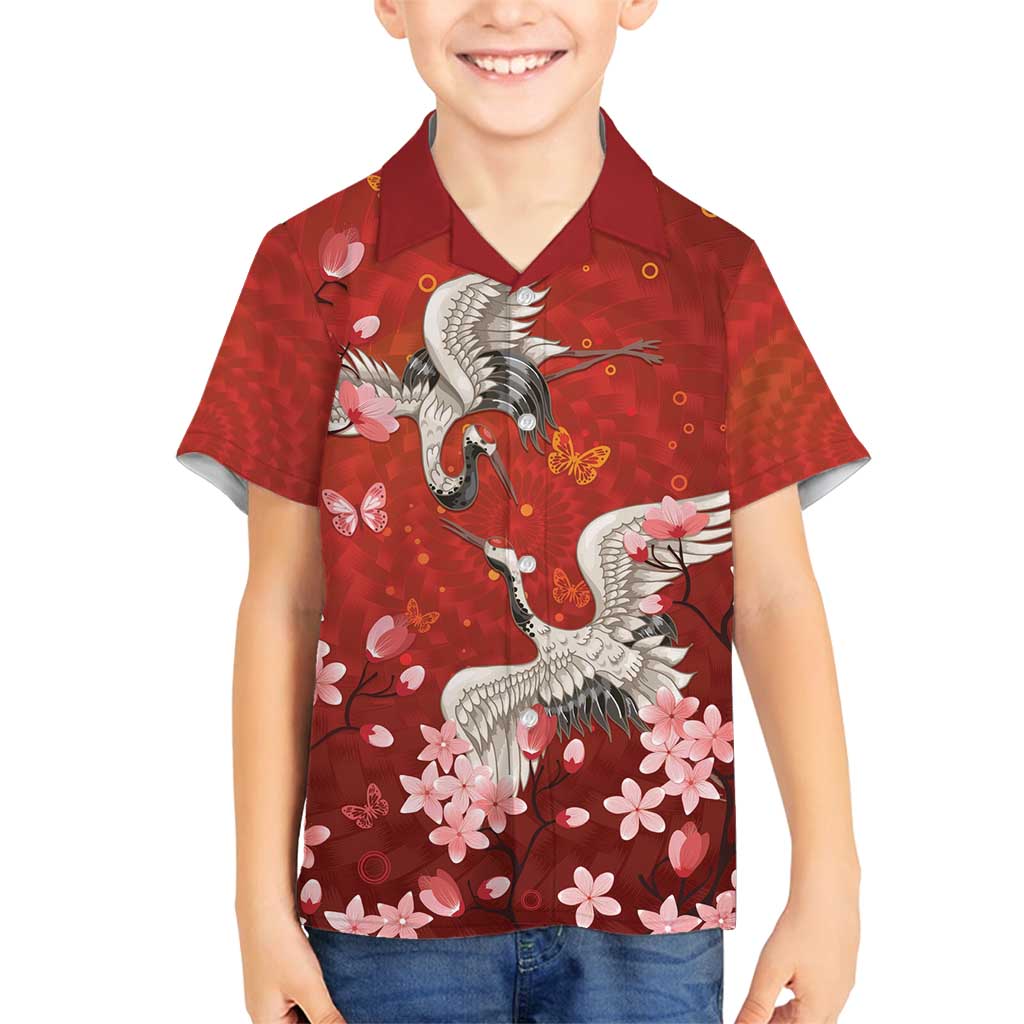 Hawaii Japan Cranes Sakura Flower Red Family Matching Off Shoulder Short Dress and Hawaiian Shirt Japan Heritage Spirit - Polynesian Pride