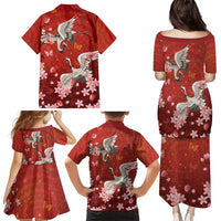 Hawaii Japan Cranes Sakura Flower Red Family Matching Puletasi and Hawaiian Shirt Japan Heritage Spirit - Polynesian Pride