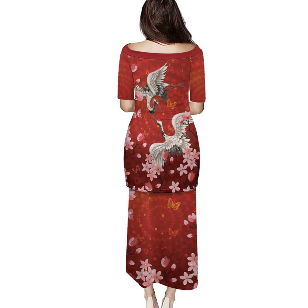 Hawaii Japan Cranes Sakura Flower Red Family Matching Puletasi and Hawaiian Shirt Japan Heritage Spirit - Polynesian Pride