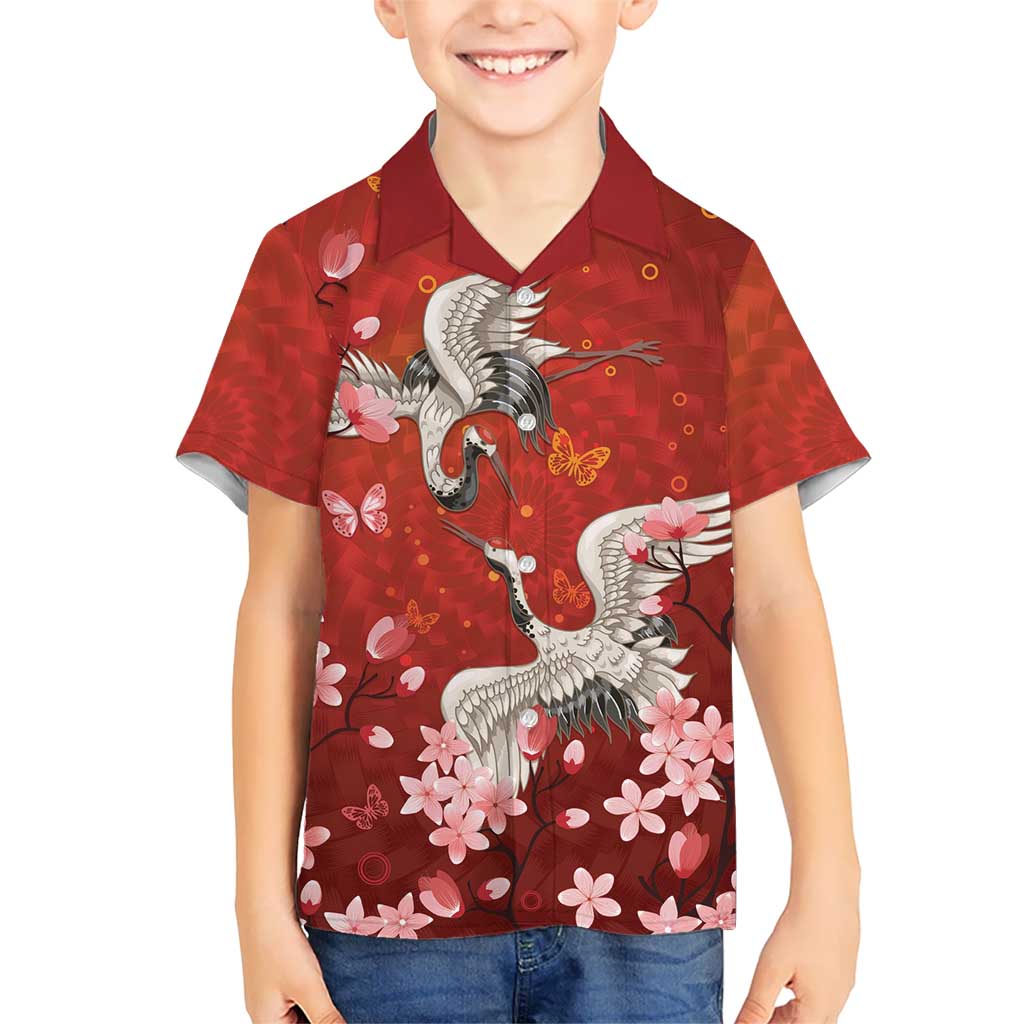 Hawaii Japan Cranes Sakura Flower Red Family Matching Puletasi and Hawaiian Shirt Japan Heritage Spirit - Polynesian Pride