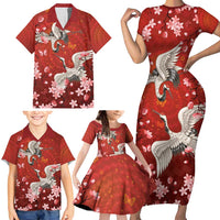 Hawaii Japan Cranes Sakura Flower Red Family Matching Short Sleeve Bodycon Dress and Hawaiian Shirt Japan Heritage Spirit - Polynesian Pride