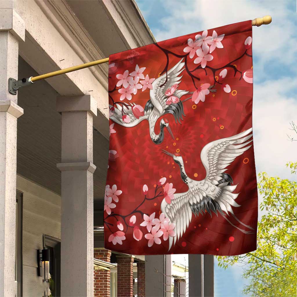 Hawaii Japan Cranes Sakura Flower Red Garden Flag Japan Heritage Spirit - Polynesian Pride