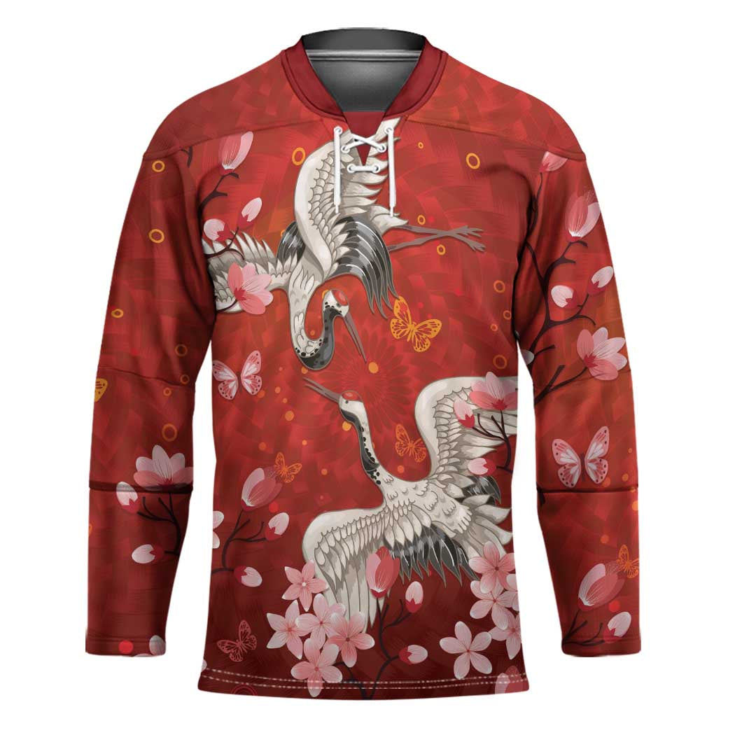 Hawaii Japan Cranes Sakura Flower Red Hockey Jersey Japan Heritage Spirit - Polynesian Pride