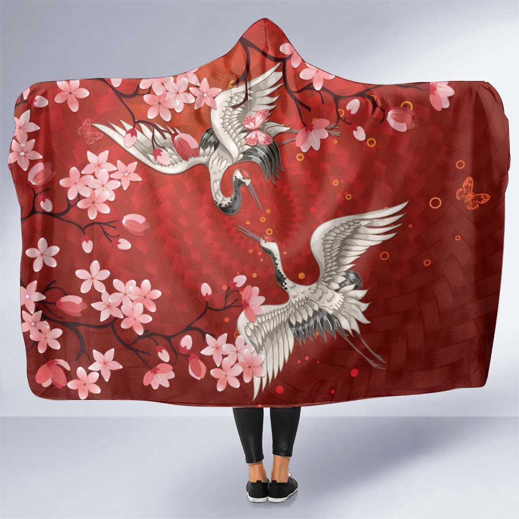 Hawaii Japan Cranes Sakura Flower Red Hooded Blanket Japan Heritage Spirit LT01 One Size Red - Polynesian Pride