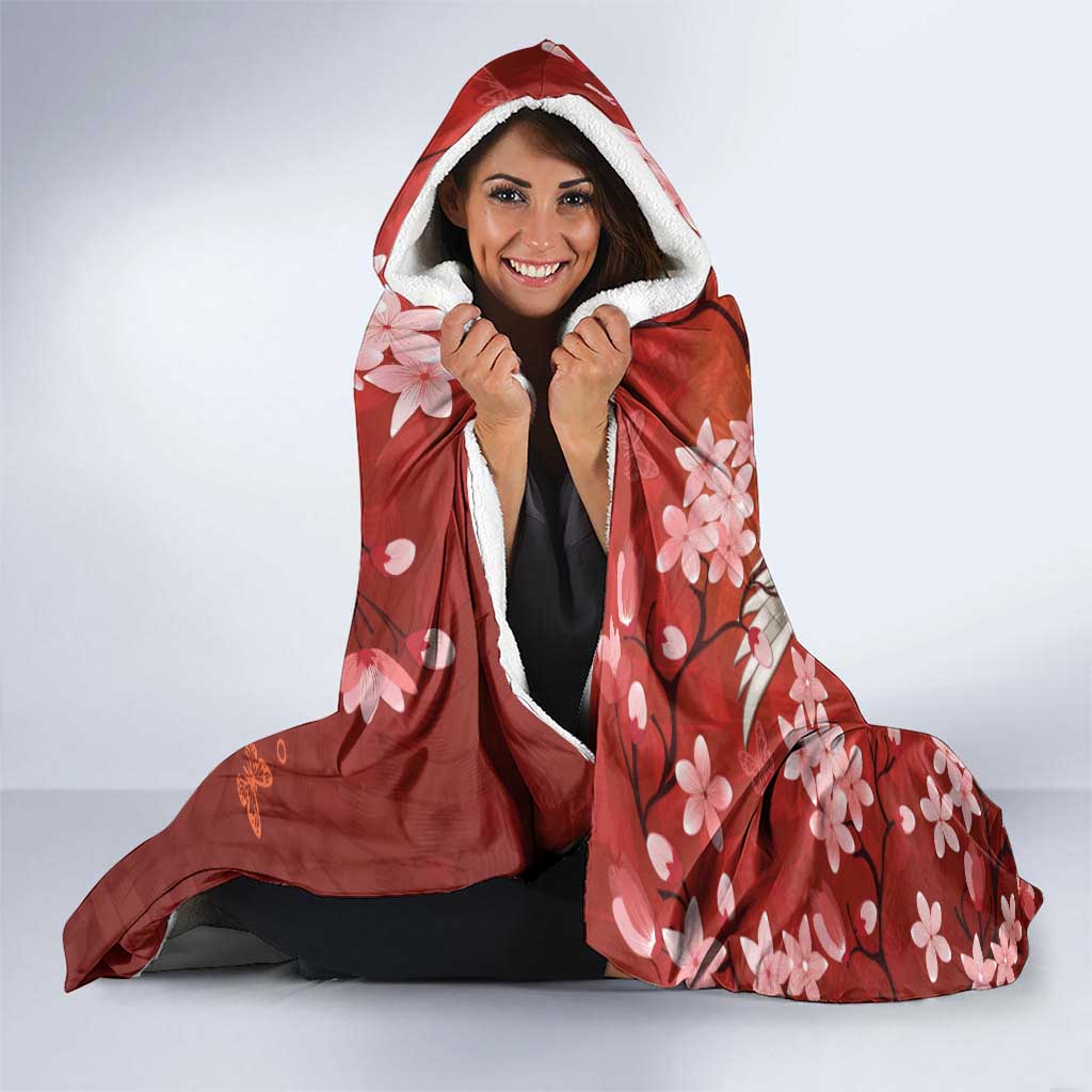 Hawaii Japan Cranes Sakura Flower Red Hooded Blanket Japan Heritage Spirit LT01 - Polynesian Pride