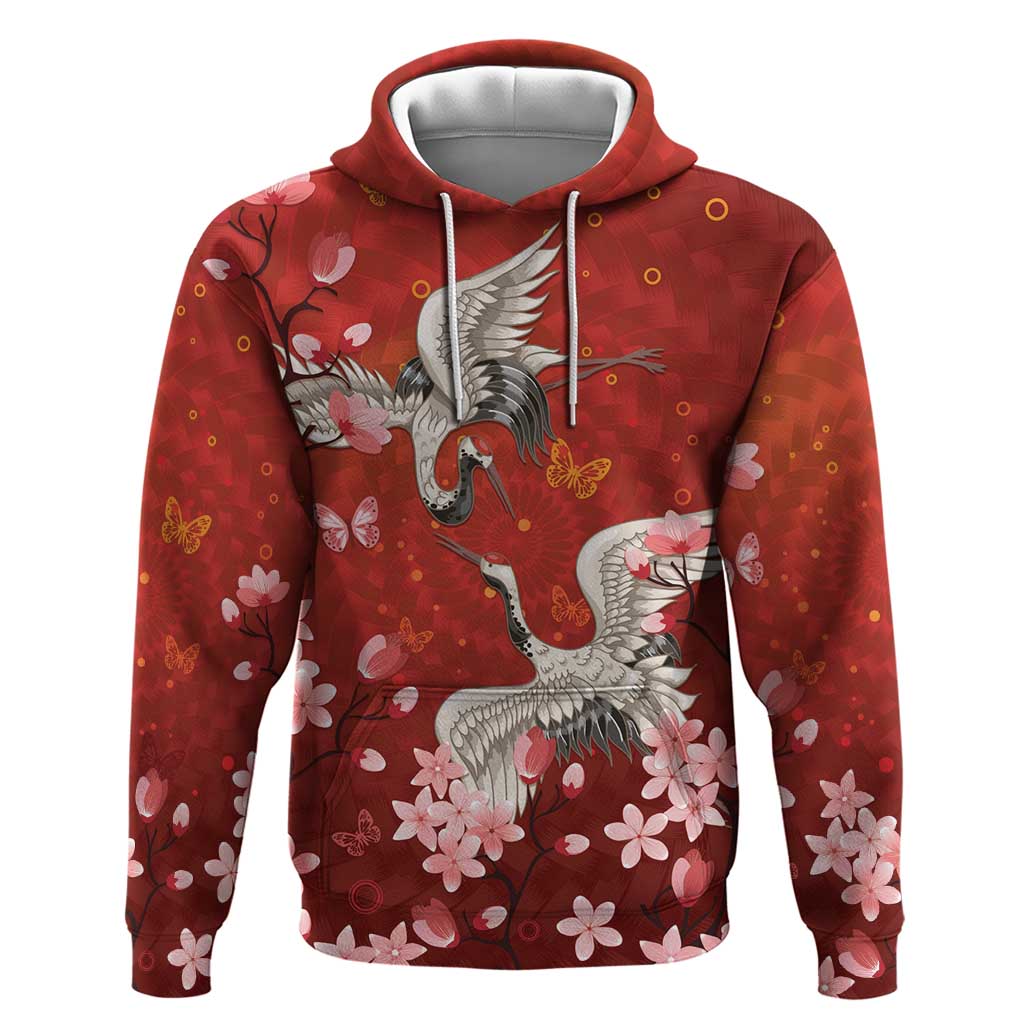 Hawaii Japan Cranes Sakura Flower Red Hoodie Japan Heritage Spirit - Polynesian Pride