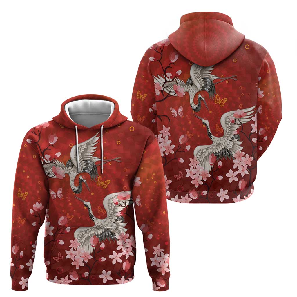 Hawaii Japan Cranes Sakura Flower Red Hoodie Japan Heritage Spirit - Polynesian Pride