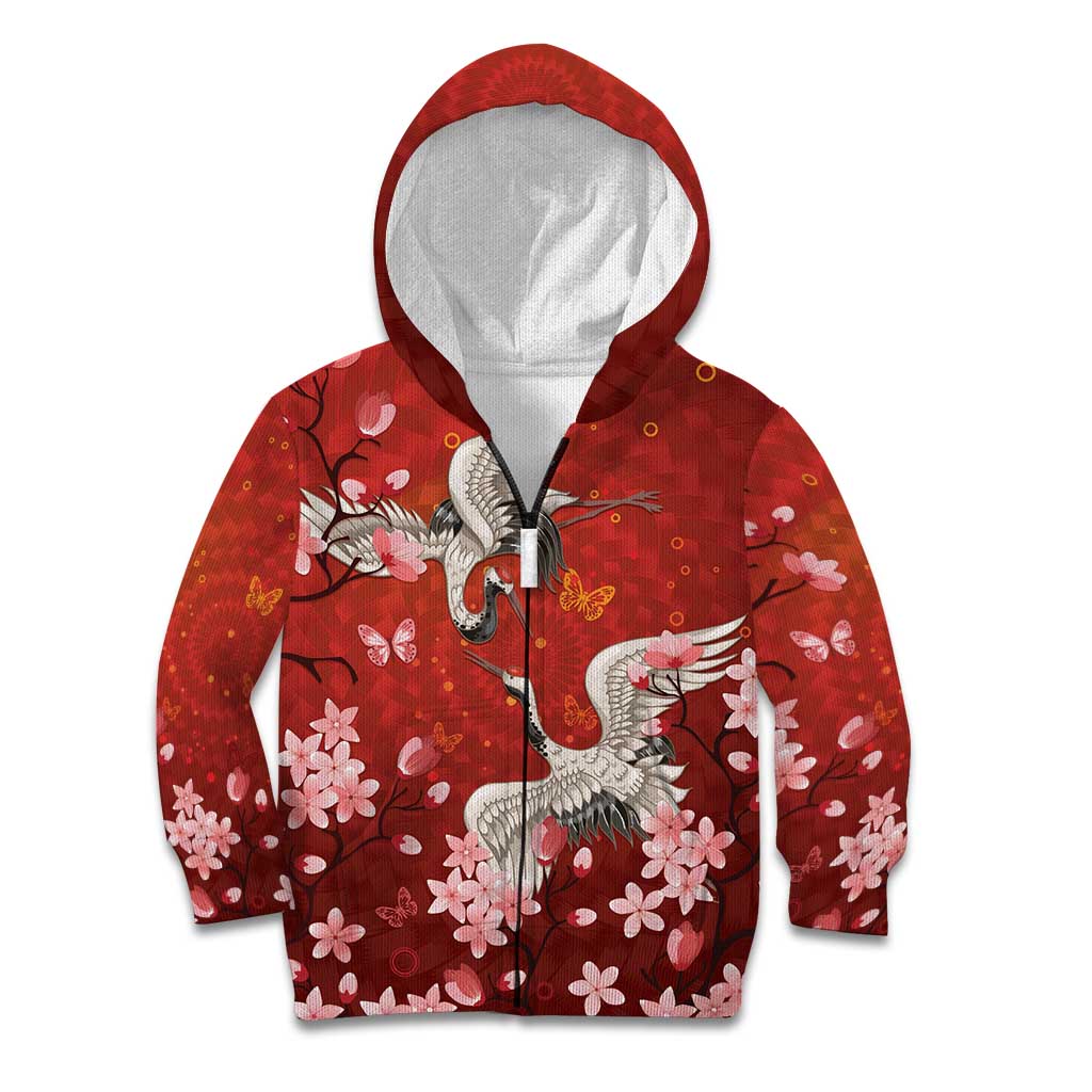 Hawaii Japan Cranes Sakura Flower Red Kid Hoodie Japan Heritage Spirit - Polynesian Pride