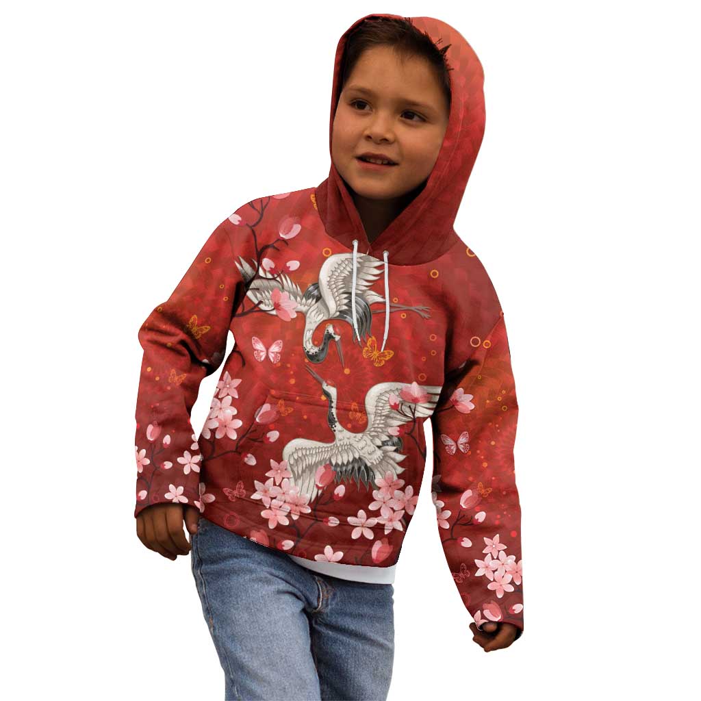 Hawaii Japan Cranes Sakura Flower Red Kid Hoodie Japan Heritage Spirit - Polynesian Pride