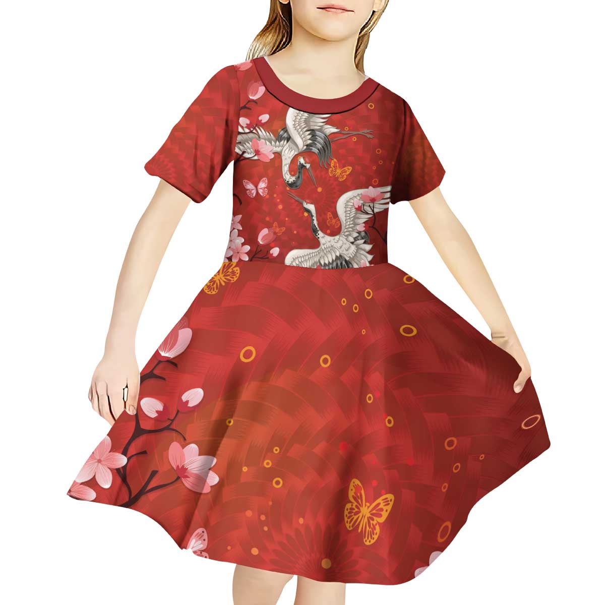 Hawaii Japan Cranes Sakura Flower Red Kid Short Sleeve Dress Japan Heritage Spirit - Polynesian Pride