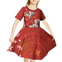 Hawaii Japan Cranes Sakura Flower Red Kid Short Sleeve Dress Japan Heritage Spirit - Polynesian Pride