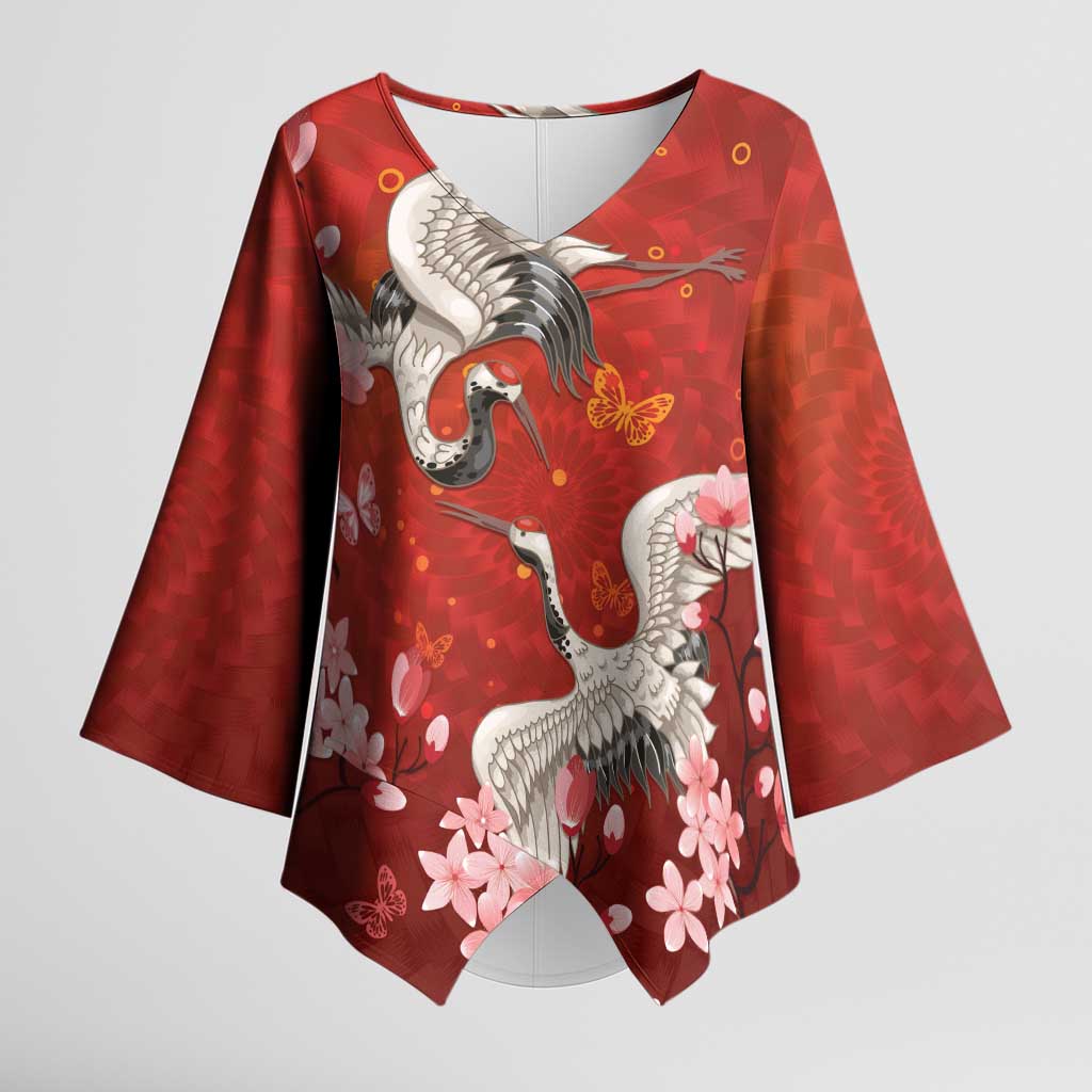 Hawaii Japan Cranes Sakura Flower Red Kimono Sleeve Blouse Japan Heritage Spirit LT01 Female Red - Polynesian Pride