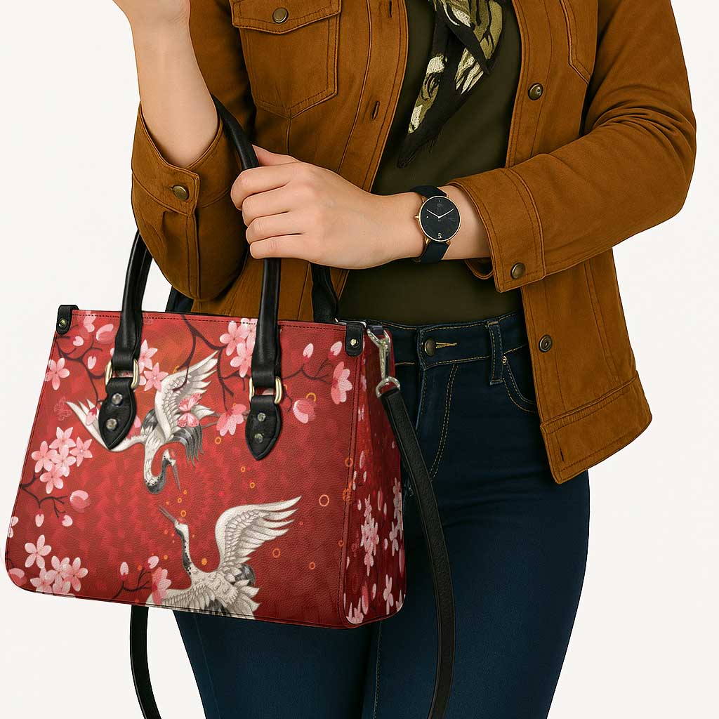 Hawaii Japan Cranes Sakura Flower Red Leather Bag Japan Heritage Spirit - Polynesian Pride