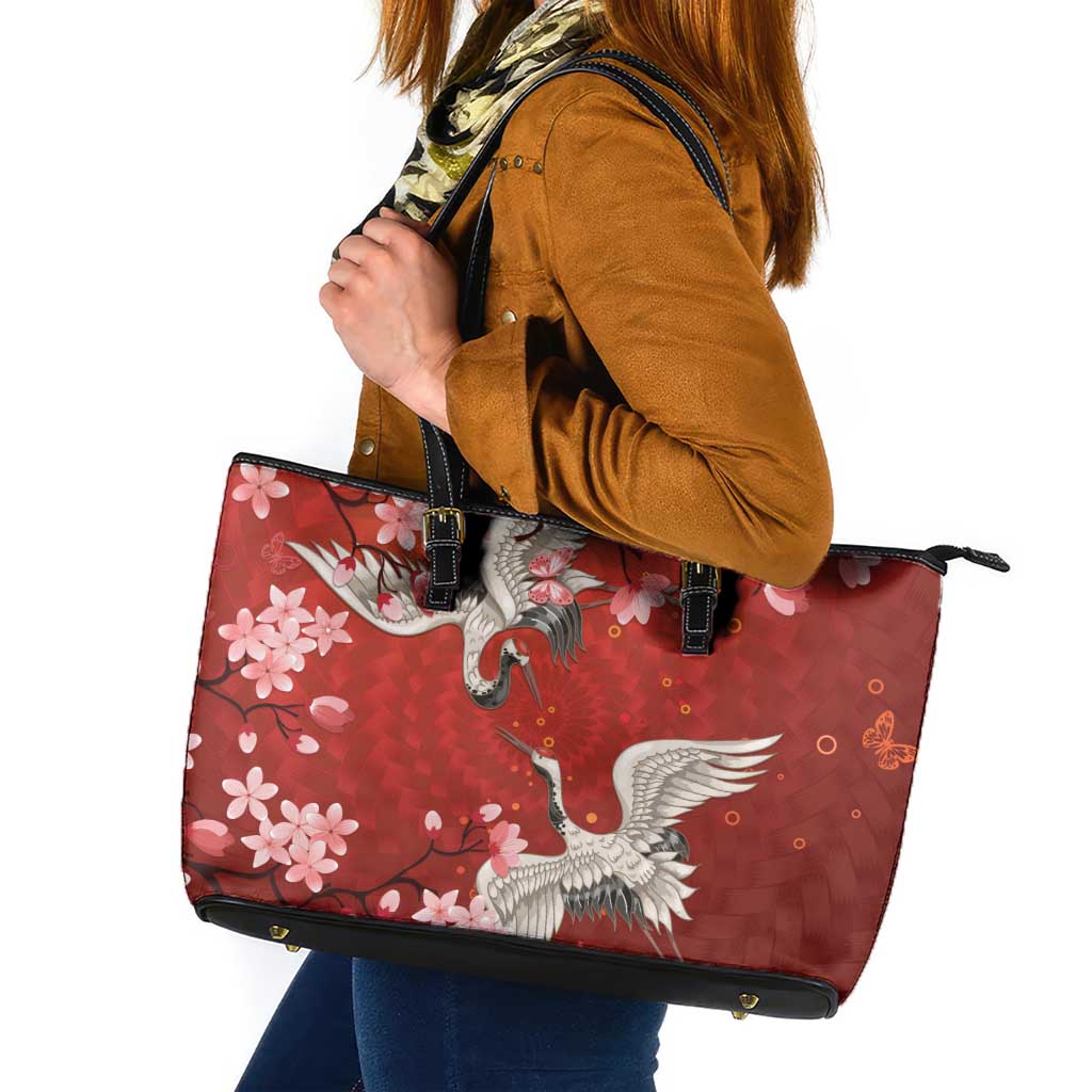 Hawaii Japan Cranes Sakura Flower Red Leather Tote Bag Japan Heritage Spirit - Polynesian Pride