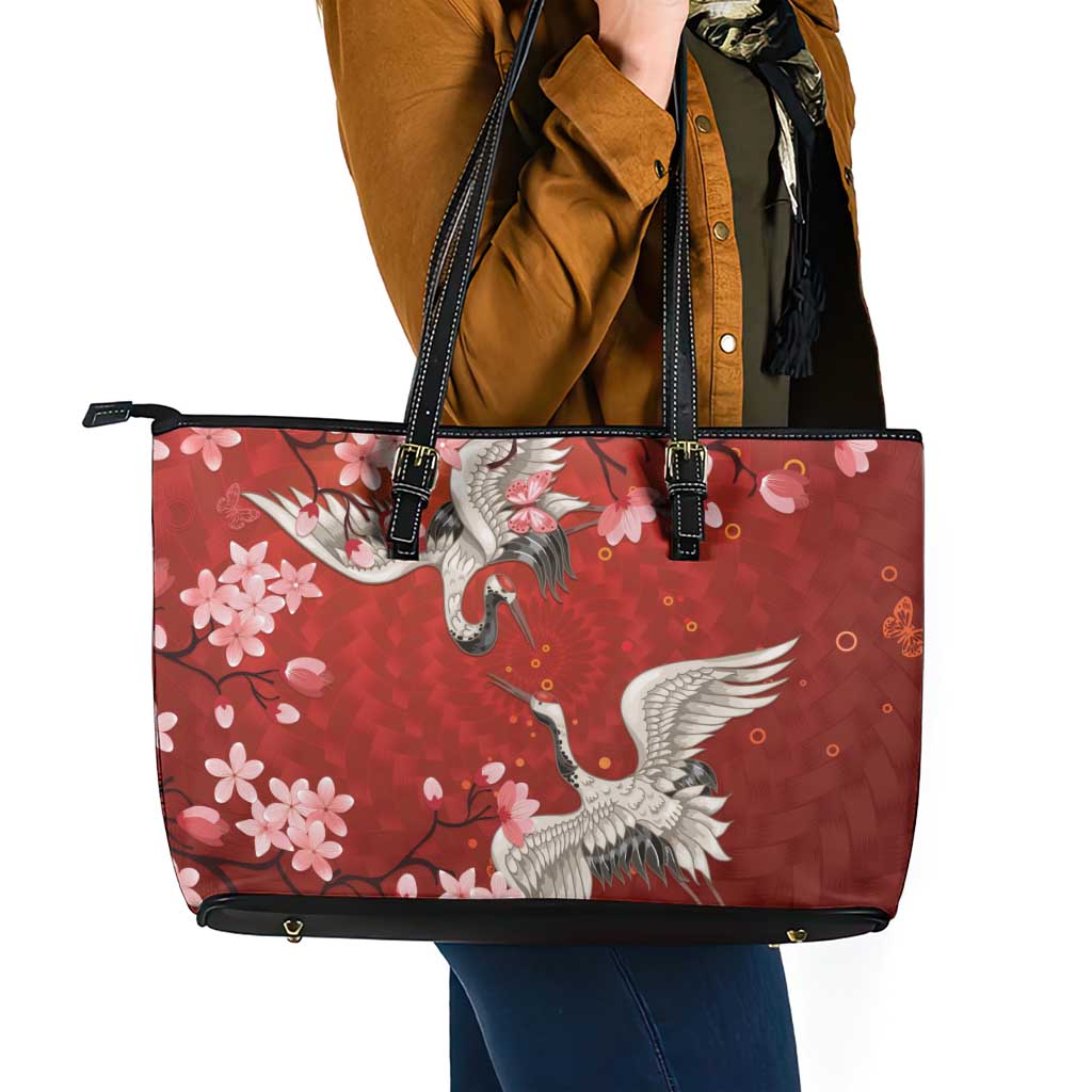 Hawaii Japan Cranes Sakura Flower Red Leather Tote Bag Japan Heritage Spirit - Polynesian Pride