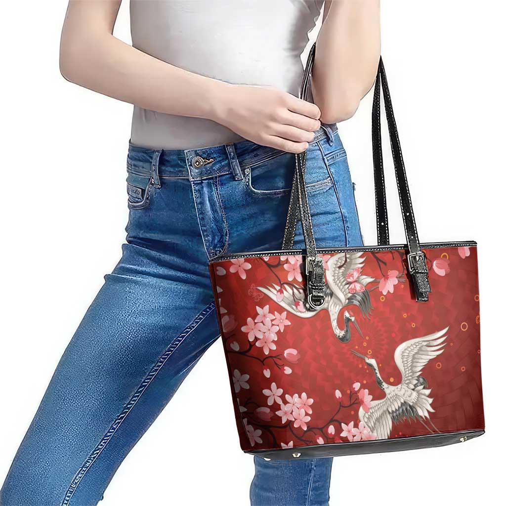 Hawaii Japan Cranes Sakura Flower Red Leather Tote Bag Japan Heritage Spirit - Polynesian Pride