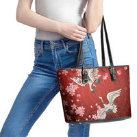 Hawaii Japan Cranes Sakura Flower Red Leather Tote Bag Japan Heritage Spirit - Polynesian Pride