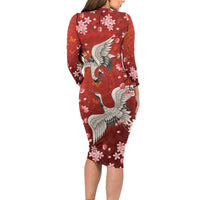 Hawaii Japan Cranes Sakura Flower Red Long Sleeve Bodycon Dress Japan Heritage Spirit - Polynesian Pride