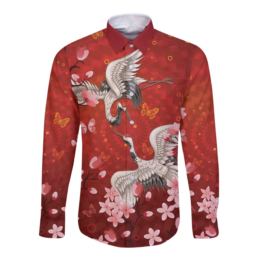 Hawaii Japan Cranes Sakura Flower Red Long Sleeve Button Shirt Japan Heritage Spirit LT01 Unisex Red - Polynesian Pride